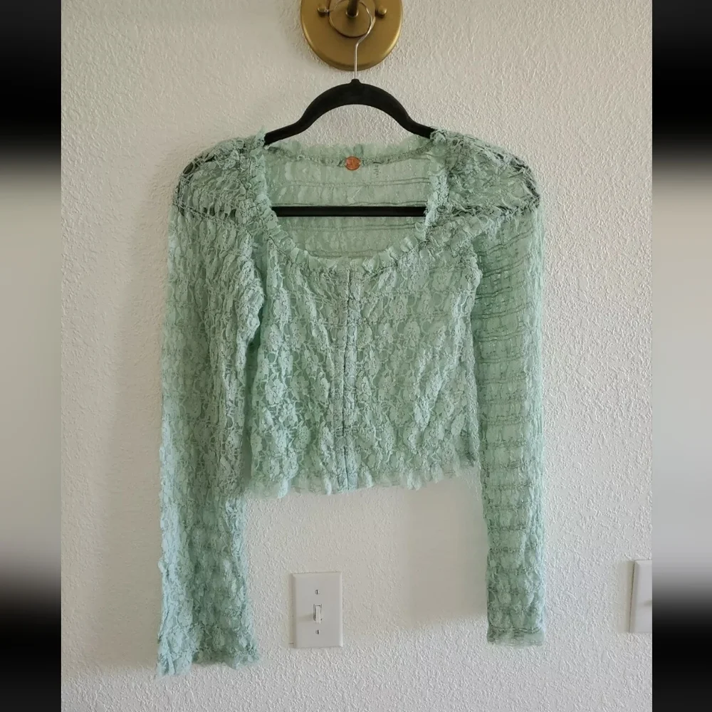Free People FP One Madison Top Smocked Lace Sheer Hook-Front Bell Sleeve NEW S